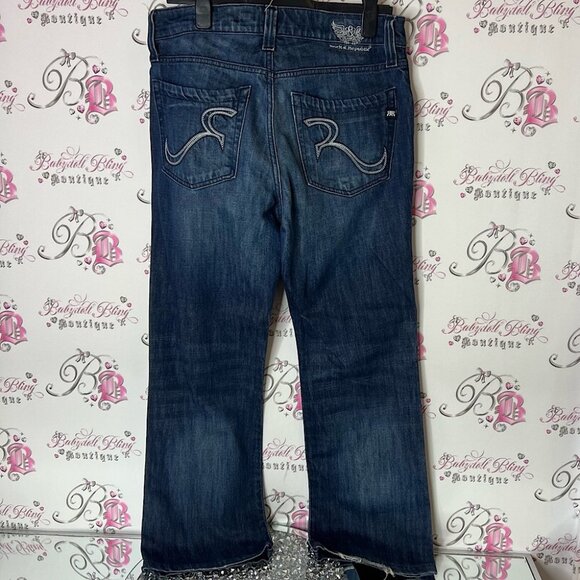 Rock & Republic Dark Blue Boot Cut Jeans logo embroidered R pockets size 32 - Picture 1 of 9